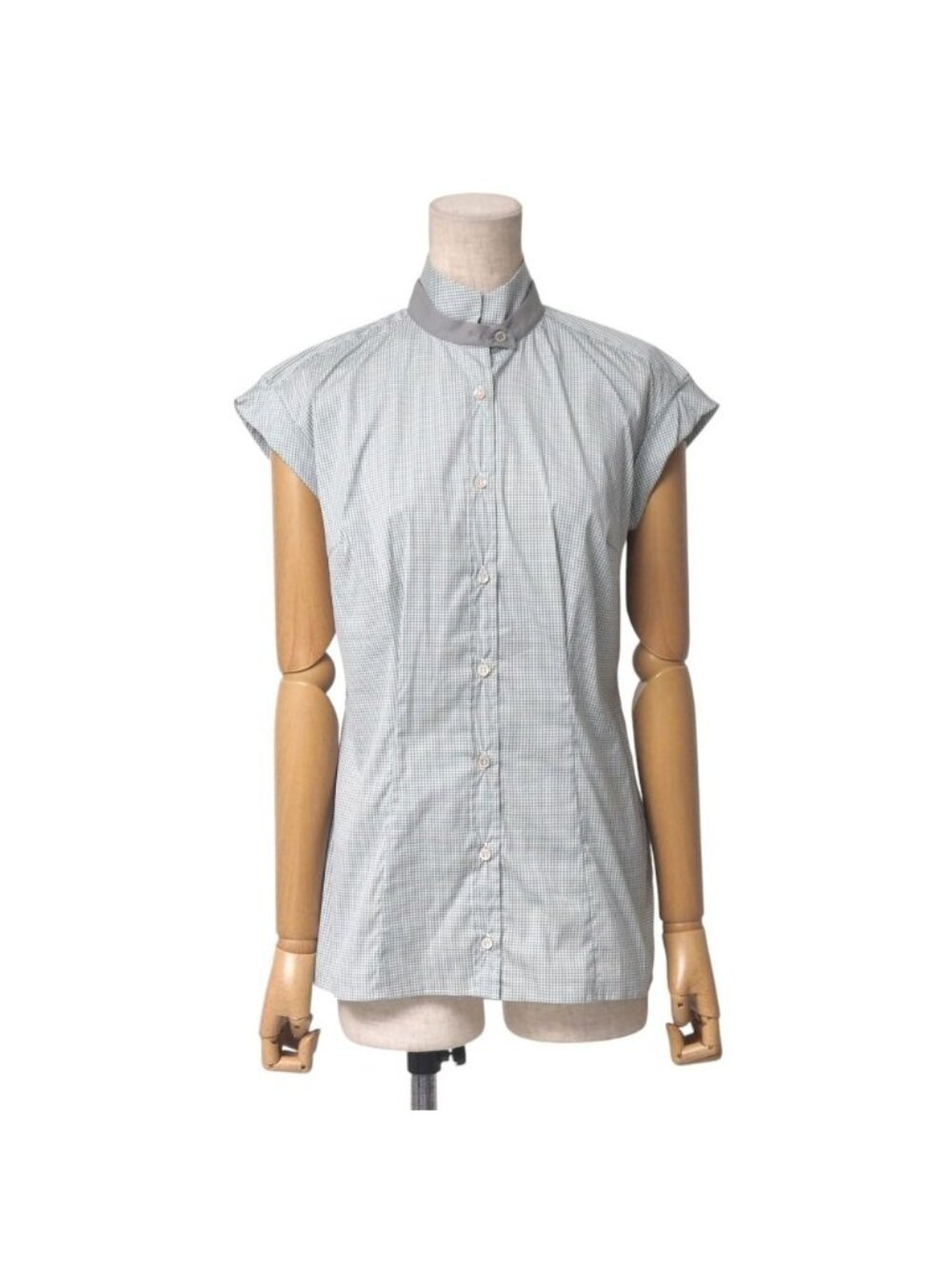 Brunello Cucinelli Blouse XS Check Band Color Stand French Sleeve Shirt